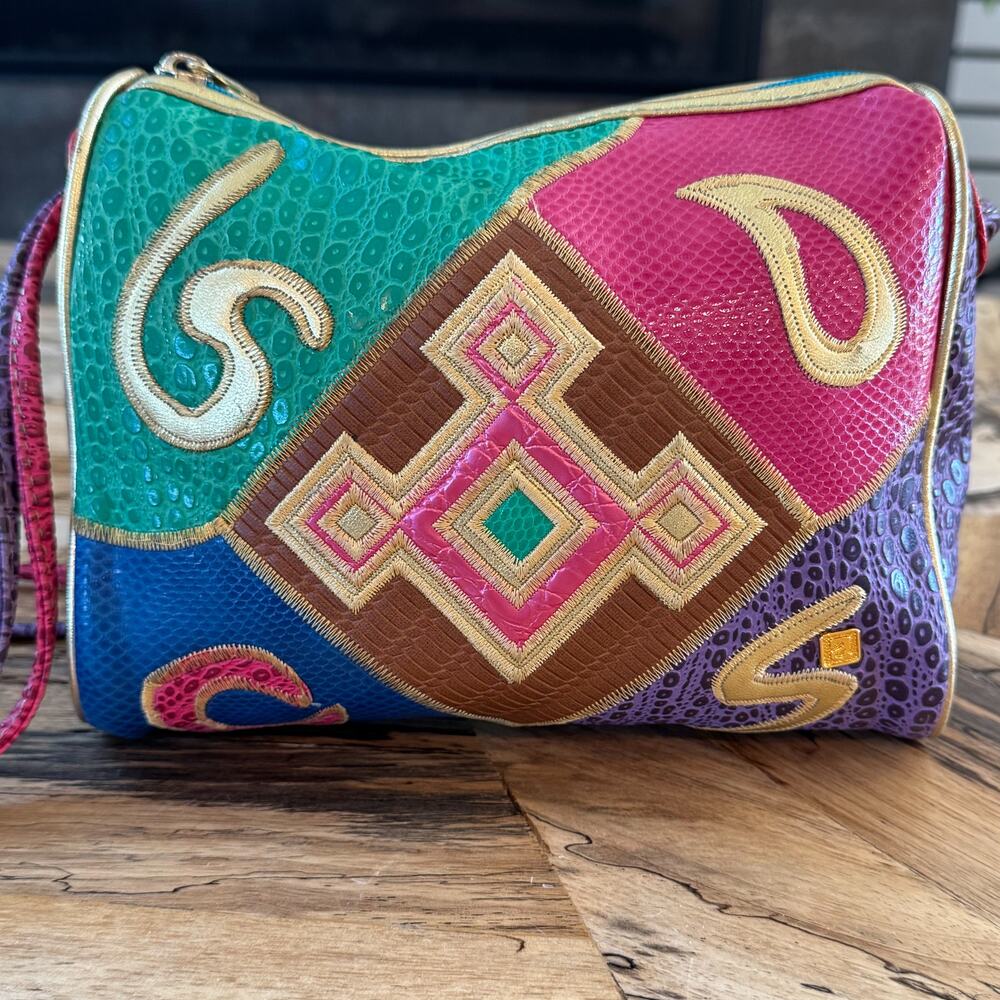 VTG 80s NAS Bag Alention Ld Patchwork Crossbody Exotic Reptile Tassel Maximalist - Picture 5 of 16
